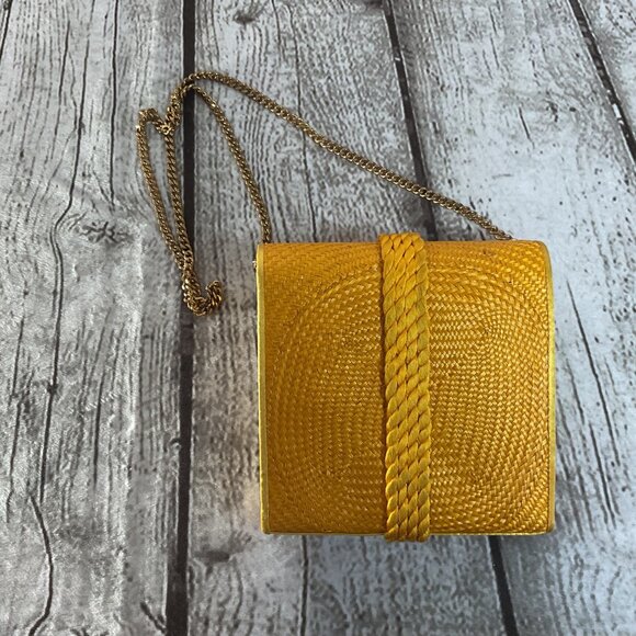 Rare Liza Castro Marigold Yellow Buntal Palm Bag Mother Of Pearl Detail Bohemian - Picture 4 of 6